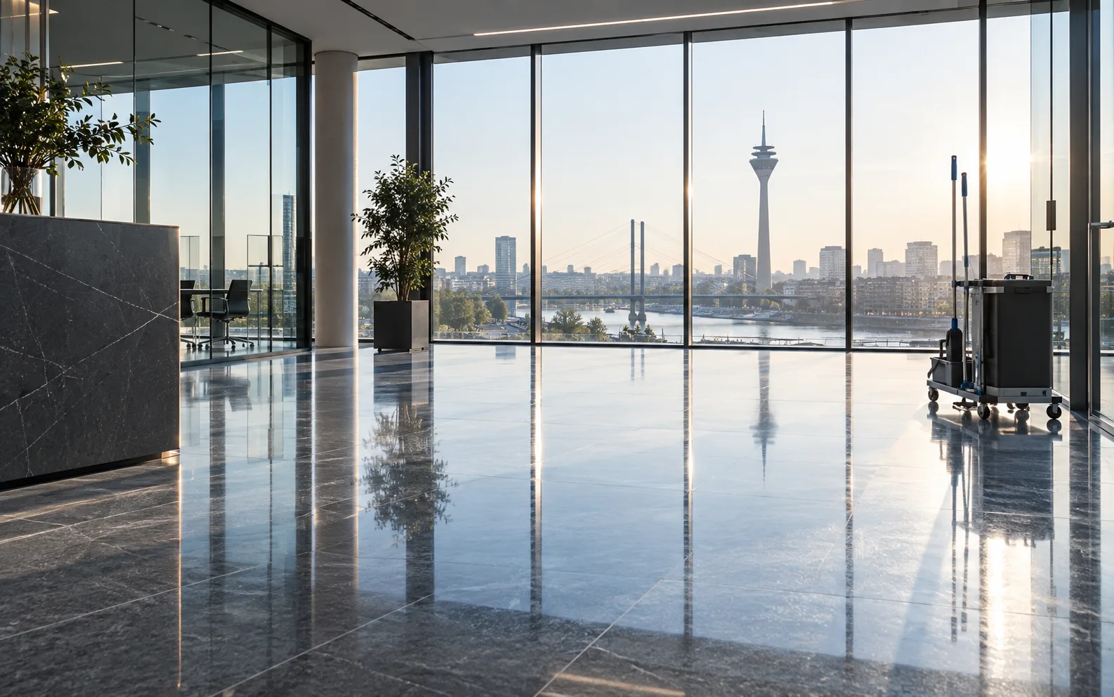 Sauberes Büro mit Blick auf Düsseldorf