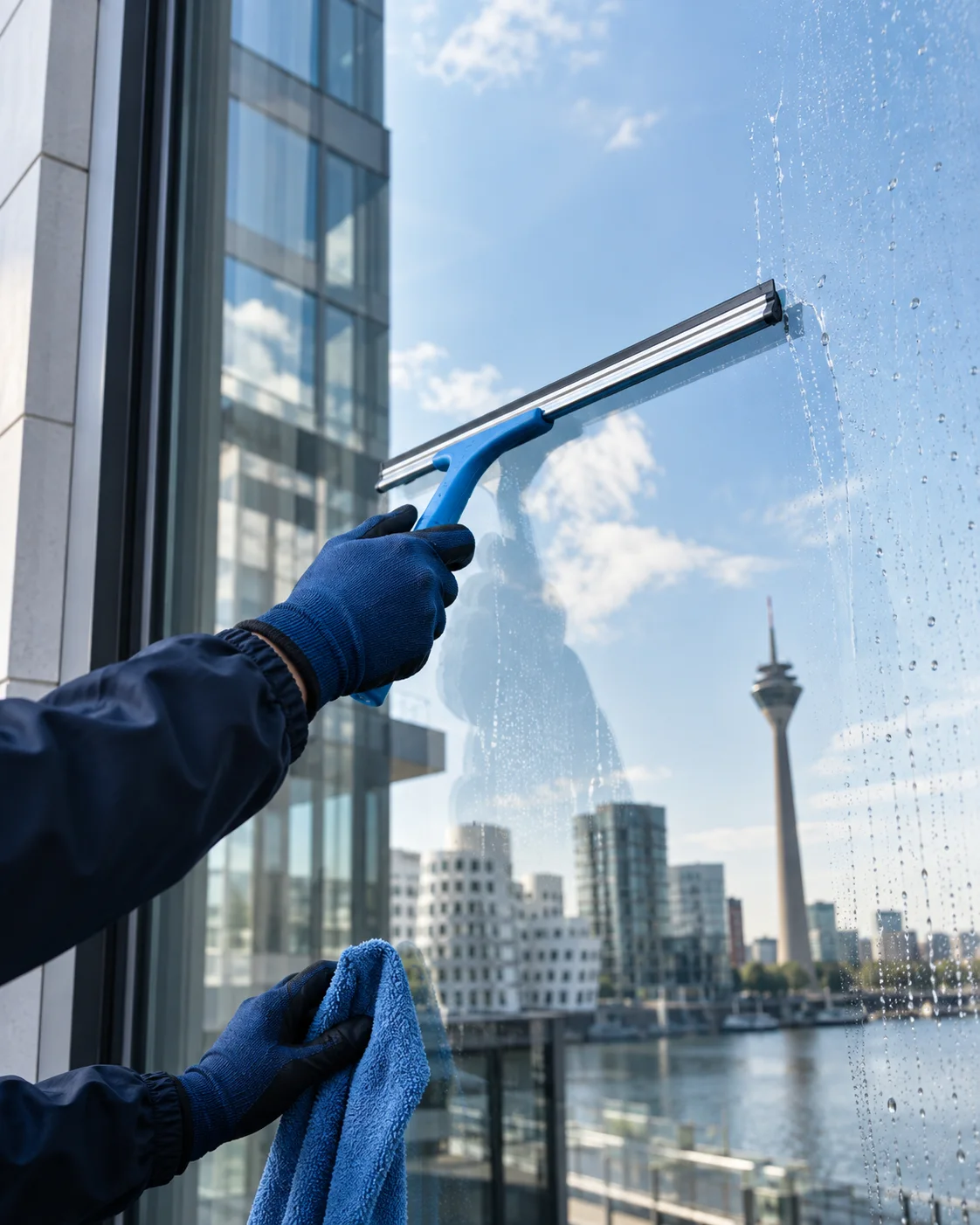 Professionelle Fensterreinigung mit Abzieher, ohne sichtbares Gesicht